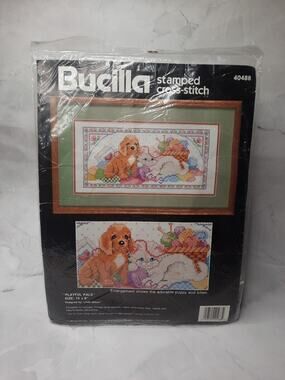 Vintage Bucilla Stamped Cross Stitch Kit Playful Pals 40488 16x8 Puppy Kitten
